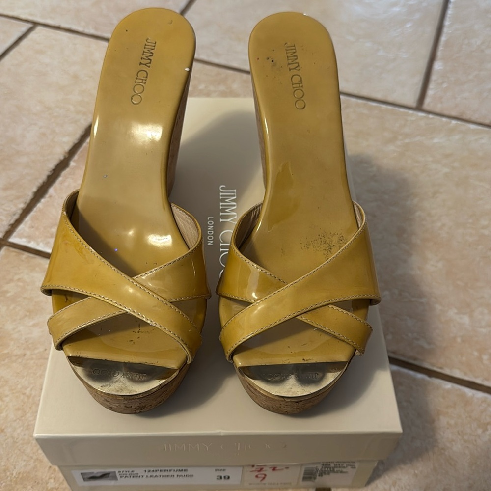 Jimmy Choo Women's size 39 Platform Patent Leather Nude Cork Wedge Heels